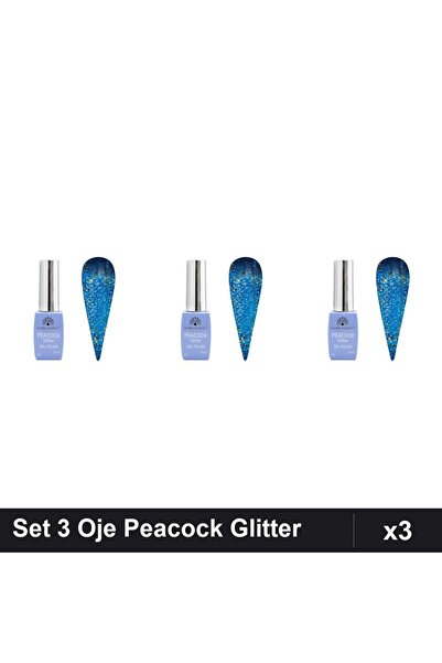 Makeup Set 3 Oje Semipermanente Peacock Glitter 8ml, Nuanță 03, Manichiura UV...