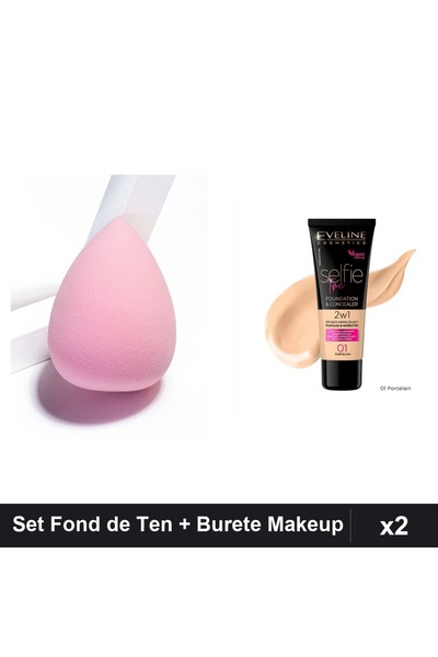 Makeup Set Fond de Ten Eveline Selfie Time 2in1 01 Porcelain 30ml + Burete