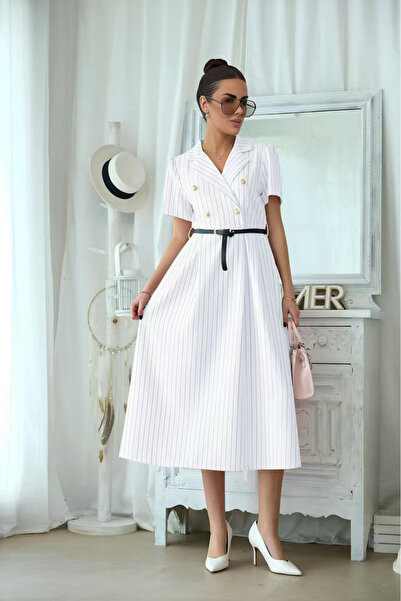 OEM Elegant women's midi dress with Striped , drawstring at the waist and jac...