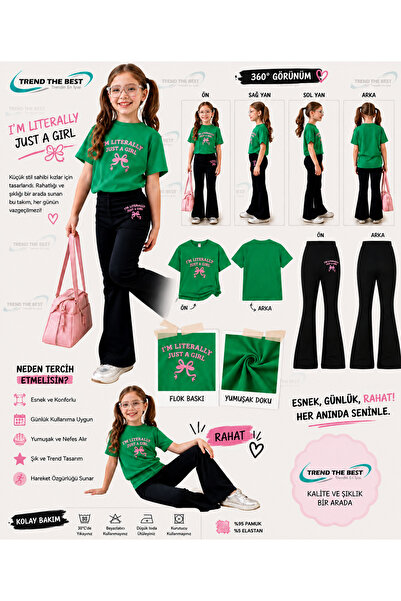 TREND THE BEST Trendin En İyisi Summer Black Spanish Flared Pants and T-Shirt, I'M Literally Little Ribbon Print Design Kids Girls Set