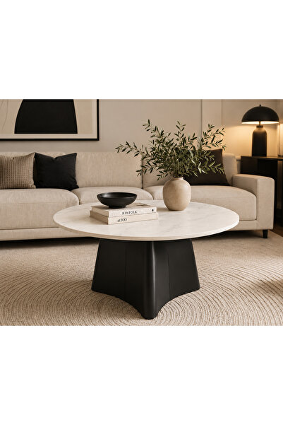 N.zone Luxury Modern Sculptural Round Coffee Table - Elegant White Marble Top...