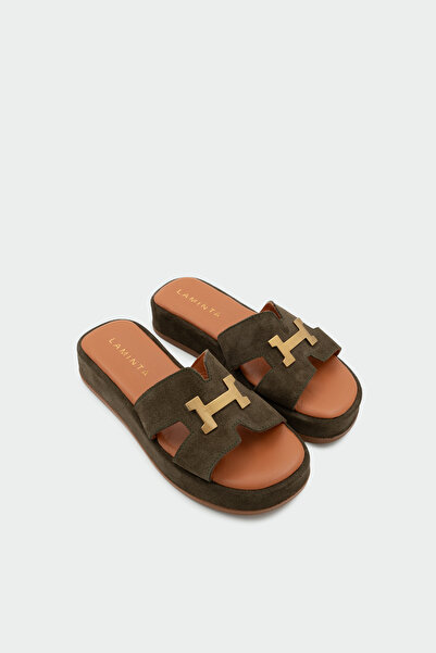 LAMİNTA Sergio Genuine Leather Women's Khaki Slippers with Gold Accessories