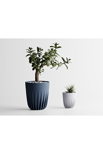 Tasarım Aurea Dekoratif Saksı - Lacivert Dikey Çizgili Bitki Saksısı 7 cm