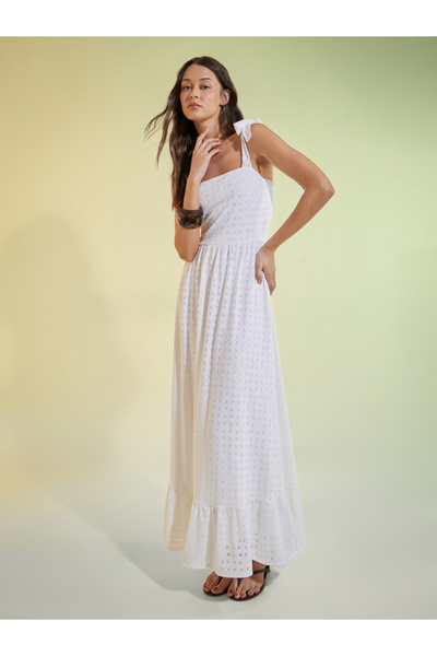 Styli Off White Square Neck Eyelet Maxi Dress