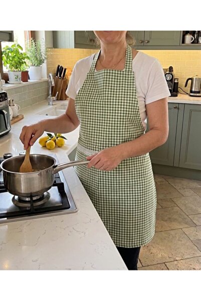 TREVO Duck Fabric Kitchen Apron Plaid Green Pattern