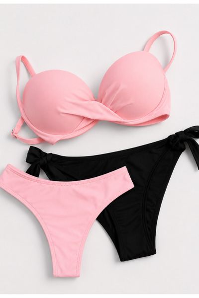 Nobrand Costum de Baie 3 Piese Baby Pink & Black – Push-Up Brazilian cu Slip ...