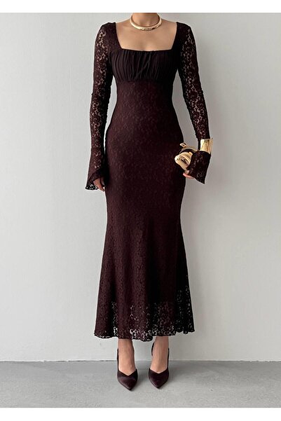 Caddebostan Moda Square Neck Lace Detailed Long Sleeve Midi Dress Stylish Eve...