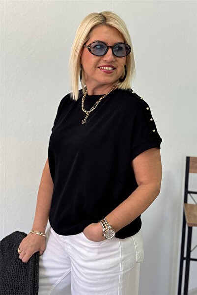 By Esra Celkan Black Boat Neck Knitwear with Metal Accessories on the Shoulders