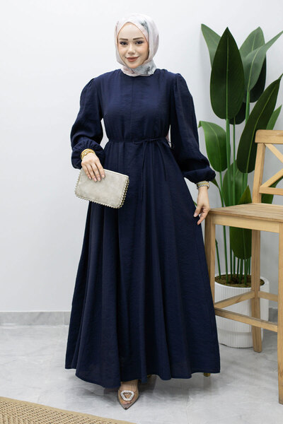 Tesettür Dünyası Lina Dress with Stitching and Lace Detail Tsd260223 Navy Blue