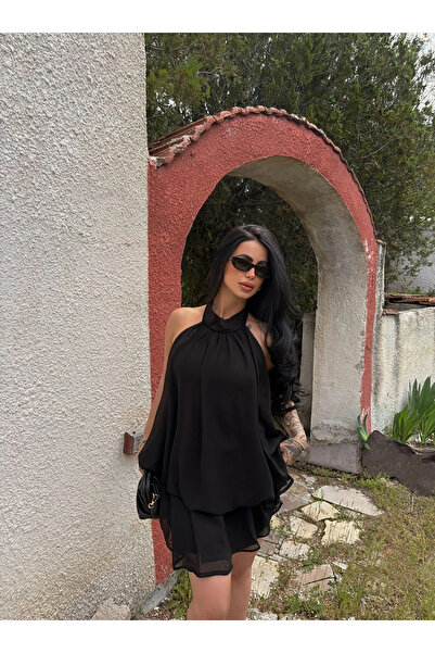 kırmızı butiks Black Chiffon Halter Neck Dress