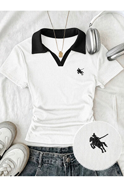 Touz Moda Soul Polo Collar Embroidered Gathered Blouse