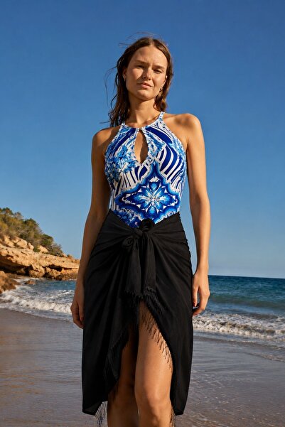 armonika Women's Black Tasseled Shiny Pareo Arm-26Y001112