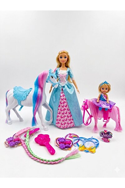 TOYSTURKA Prenses Ve Küçük Bebekli Unicorn At Seti - Tokalı, Taçlı Saç Örgü A...