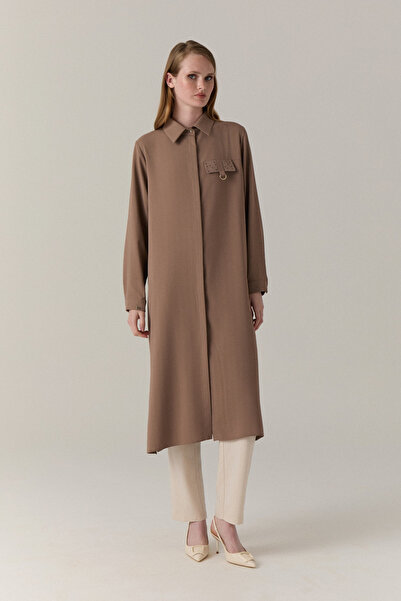 Zühre Ring Detailed Hidden Button Mocha Tunic 1428