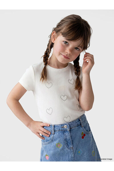 LC Waikiki Peak New Season Stoned Heart Patterned Girls' Ribbed T-Shirt