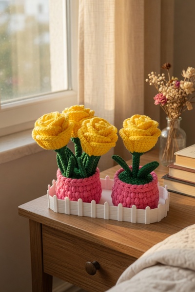 MYCRAFT3D Örgü Dokulu Gül Saksı ve Çit Standlı Set – Çiçekli Dekoratif Biblo,...