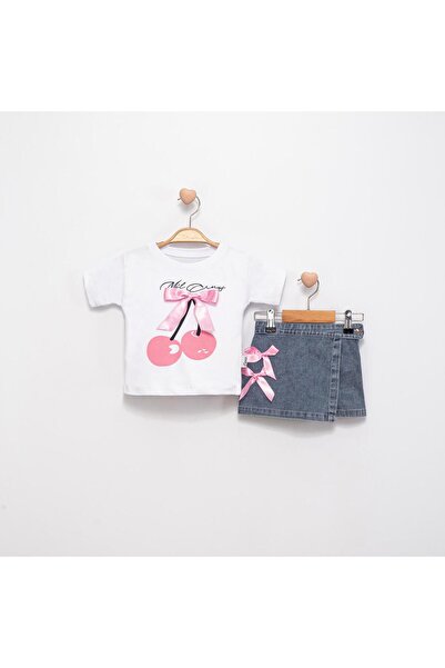 Bulut Sezen Alt Top- Cherry Printed Bow Detailed Denim Set 2-Piece- Girls- Wh...