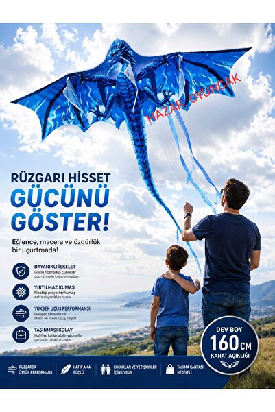 Hepsilazım Mavi Ejderha Dragon Oyuncak Uçurtma Büyük Uçan Ejderha 1.55x1.82cm...