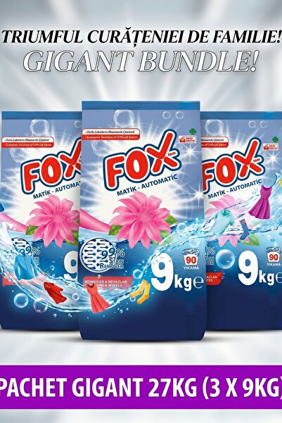 Foxtem Set de 3 detergent pudră automat premium, 27 kg total, până la 270 de ...
