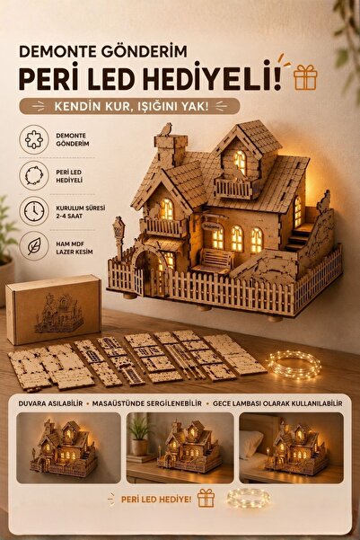 ALGWOOD 3D Ahşap Peri Ledli Dekoratif Ev Maketi - Duvara Asılabilir LED Işıkl...