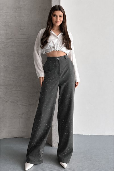 moda armanc Pantaloni de damă Stoned Palazzo, cu talie înaltă, cu croială largă