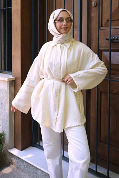İmajButik Stone-Colored Wide Sleeve Casual Muslin Tunic