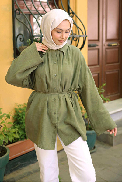 İmajButik Khaki Wide Sleeve Loose Muslin Tunic