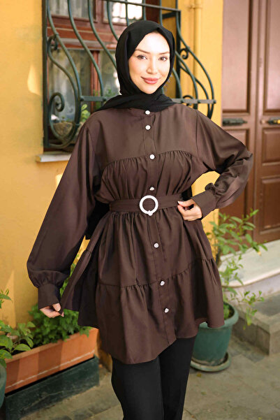 İmajButik Brown Layered Buttoned Belted Tunic