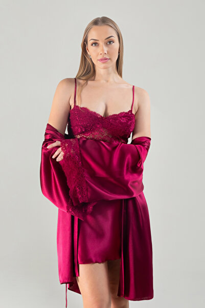 Lunoche Nightwear Saten Güpür Kadın Lüks Dantel Detaylı Çeyizlik Gecelik Saba...