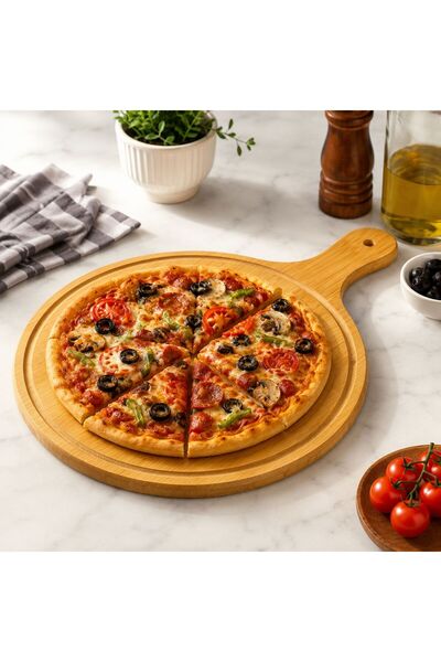 legna Bambu Pizza Sunum Tahtası 38x26 cm Saplı Ahşap Servis Tahtası