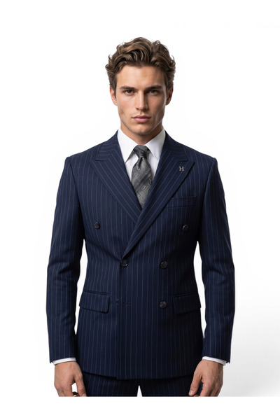 HERMOSE Sartorial |   Deep Navy Blue Striped Double-Breasted Suit
