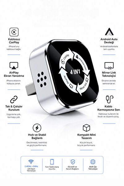 METONTECH 4in1 Kablosuz CarPlay, Android Auto, AirPlay Mirror Link Adaptörü |...