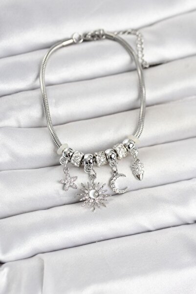 Clariss Brass Silver Color Day and Night Themed Women's Bracelet with Charms