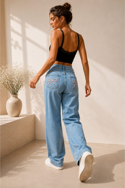 satya Pink Bow Detailed High Waist Straight Jean Pantalon