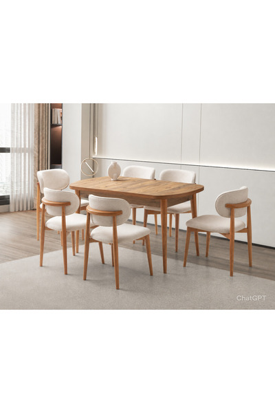 supermoon Kaşıklıklı Açılır Masa 80x140 MDF Natürel Ahşap + 6 Polo Sandalye P...