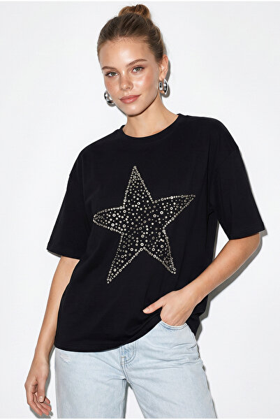 Bianco Lucci Γυναικείο T-Shirt με Πέτρινο Κέντημα Αστεριών, 100% Βαμβάκι, Ove...