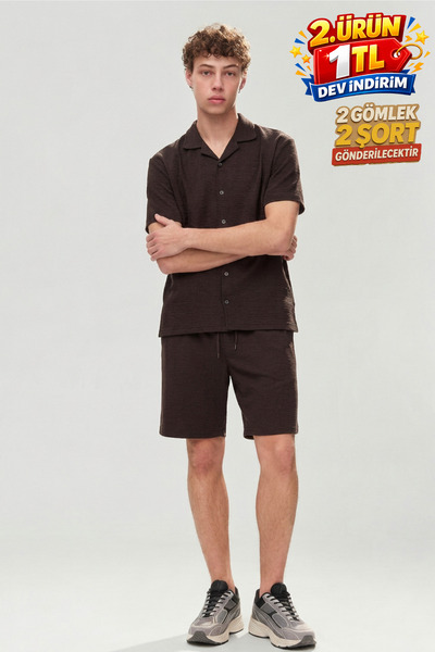DAMGA JEANS Men's Premium Comfortable Shirt Jogger Linen Shorts Coffee Two-Pi...