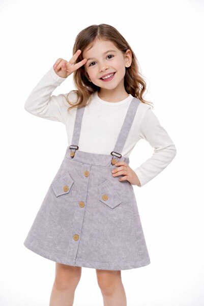 bubiee baby Girl's Gray Gilet Skirt with Front Buttons and Straps and White R...