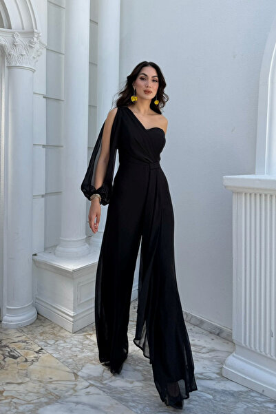 Sindimoda Nera Tek Kol Bağlamalı Şifon Tulum 9389