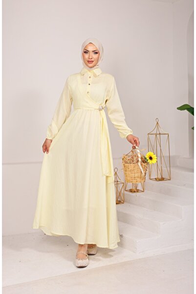 MODA 1725 MODAL KUMSAŞ BROŞ DETAYLI YANDAN BAĞLAMALI YENİ SEZON ELBİSE SARI