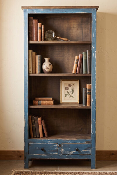 AdnDesing Vintage Ahşap Kitaplık Salon Ofis Dolabı Eskitme Mavi Masif Kitaplı...