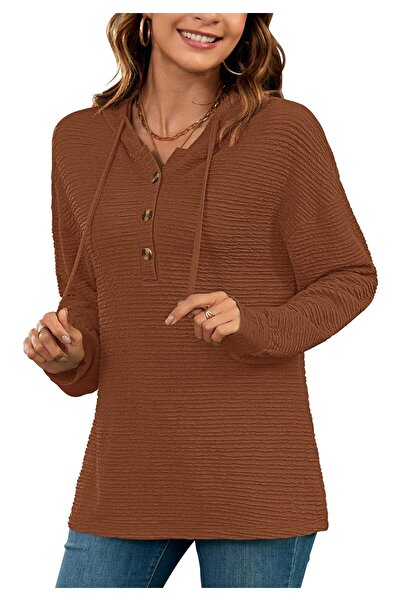 Other Women's Drawstring Henley Hoodie Textured Long Sleeve Pullover