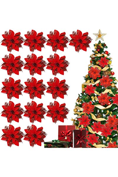 Other Stea de Crăciun artificială roșie, 15 bucăți flori Poinsettia, flori pe...