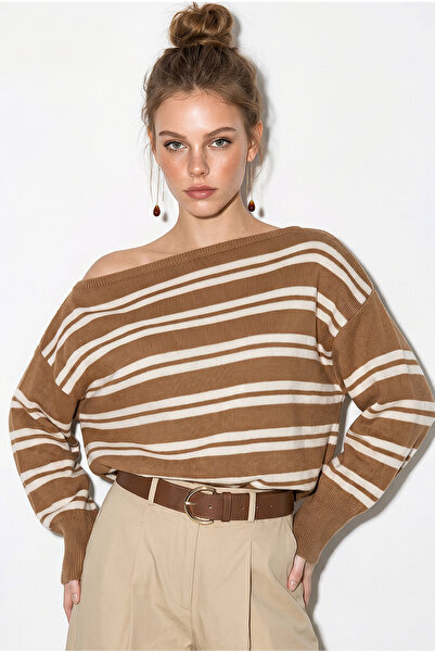 Bianco Lucci Women's Boat Neck Striped Knitwear Sweater 34105 60283909
