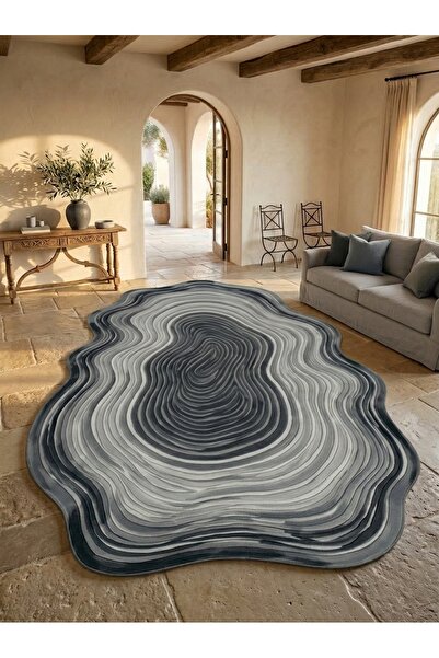 Rugs Modern Halı SDT Doğal Ağaç Kesiti Desenli Antrasit Siyah Gri Tonlu Dokum...
