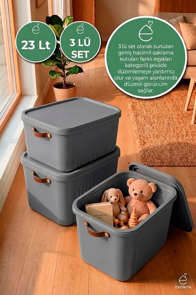 EVONİTA Dekoratif Saklama Kutusu 3lü Kapaklı Organizer Banyo Mutfak Düzenleyi...