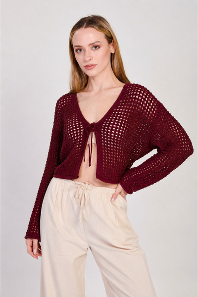 BARRELS AND OIL Women's Front-Tie Openwork Crop Cardigan - Burgundy