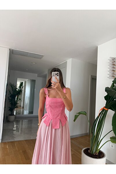 MERVE AKSOY Askı Detaylı Bağlamalı Korse Bluz - Pembe