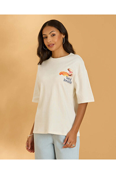 REDTAG Women Cream Oversized Croissant Graphic T Shirt