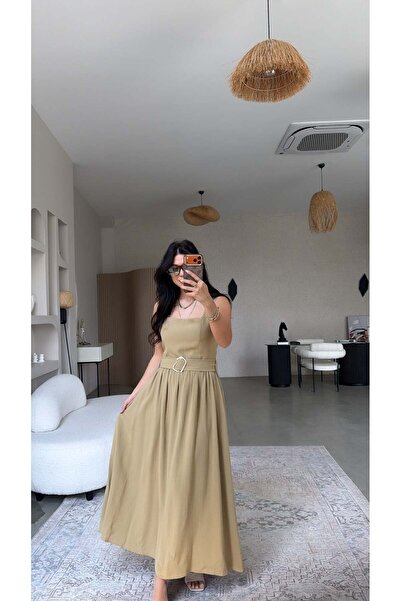 Buket Teke Khaki Linen Gold Belted Square Neck Long Dress